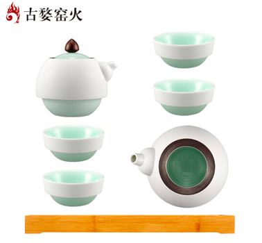 古婺窯火 般若系列 般若A內(nèi)青外白一壺四杯一公道一茶盤(pán) 茶盤(pán)包裝 般若A（內(nèi)青外白）