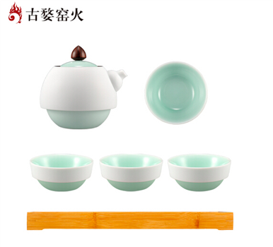 古婺窯火 般若系列 般若B內青外白 一壺四杯一茶盤 茶盤包裝 般若B（內青外白）