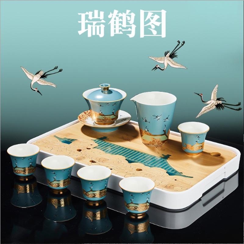 容山堂瑞鶴圖竹制茶盤彩繪雕刻小茶臺(tái)大干泡盤儲(chǔ)水式創(chuàng)意茶席茶具