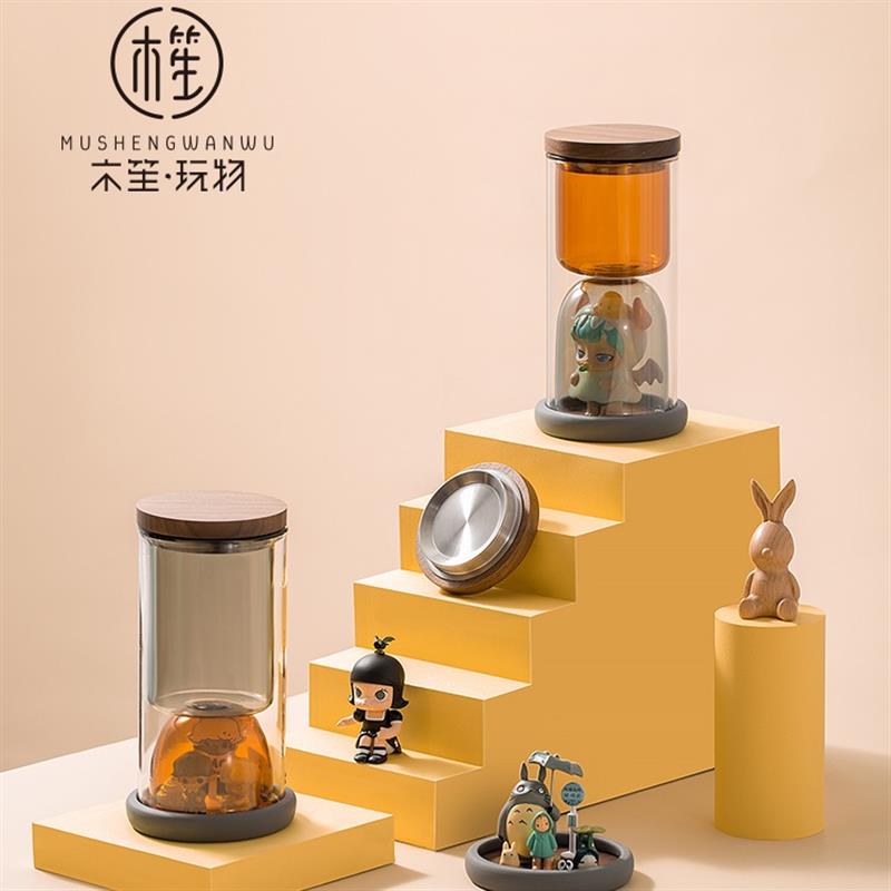 木笙玩物設(shè)計風(fēng)水杯雙層隔熱玻璃杯桌面盲盒收藏展示杯子女生可愛