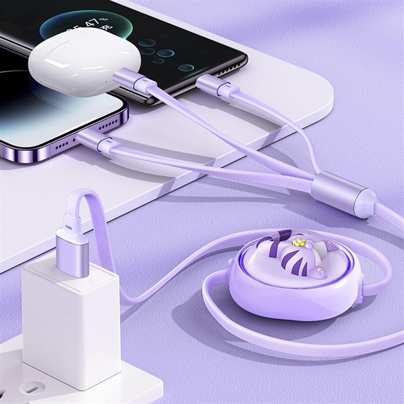 數(shù)據(jù)線三合一充電線一拖三快充三頭適用蘋(píng)果華為小米iPhone卡通Typec手機(jī)伸縮66W送定制logo禮品