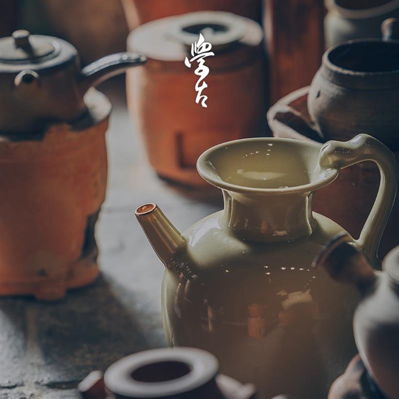 學(xué)古|唐·830水注 越青釉水注瓶仿古瓷器側(cè)把壺陶瓷收藏擺件1.7L