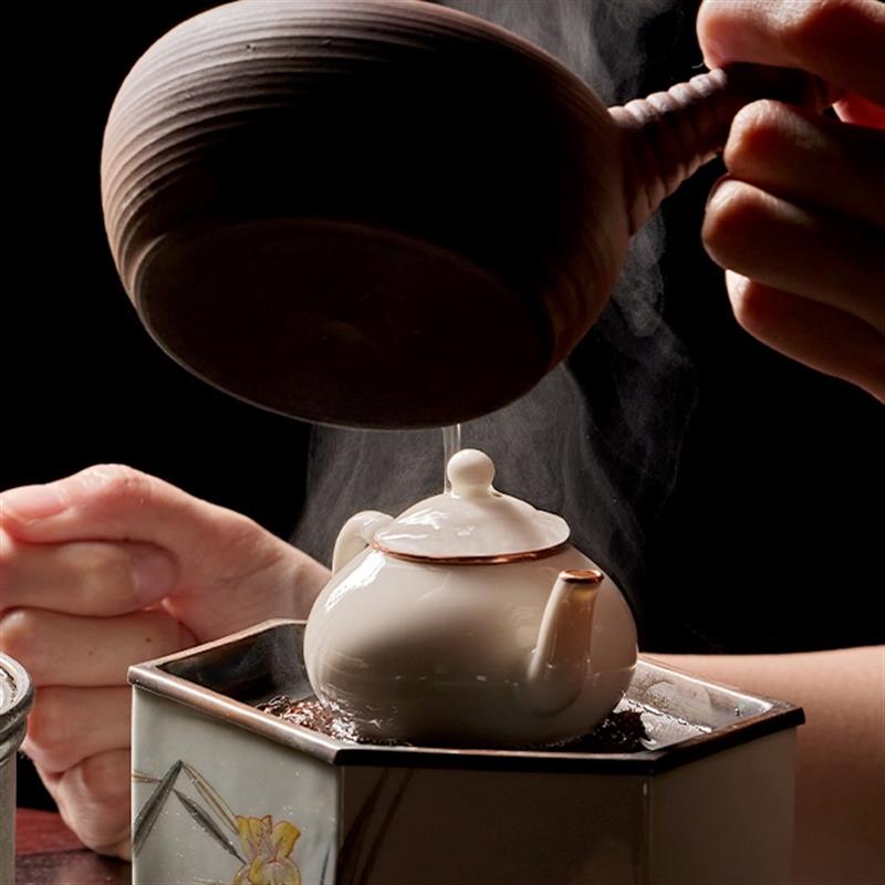 學(xué)古|金線孟臣壺 陶瓷壺紫銅包邊梨形壺工夫茶器