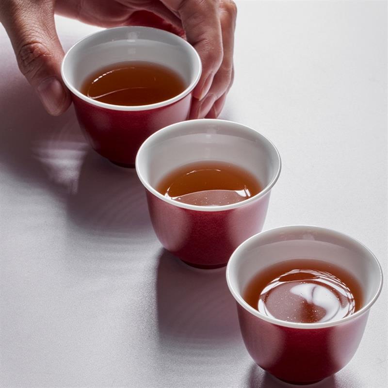 學古|石榴紅泰斗小杯 手工薄胎明代景德鎮(zhèn)霽紅釉茶杯6只禮盒50ml